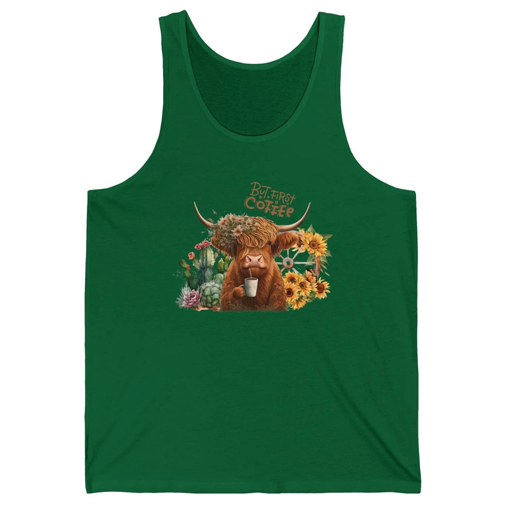 Desert Highland Cow But First Coffee Western Country Animal Unisex Jersey Tank