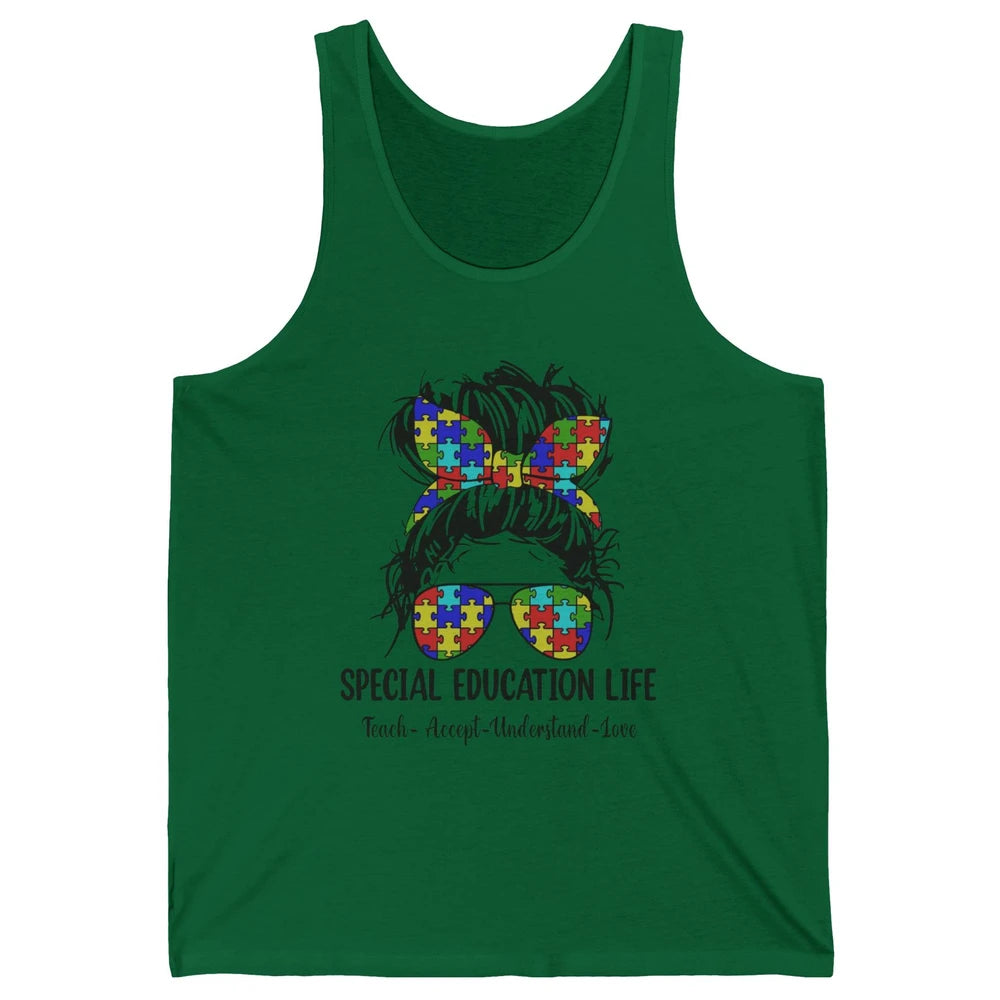 Special Education Teacher Messy Bun Autism Teach Accept Love Unisex Jersey Tank