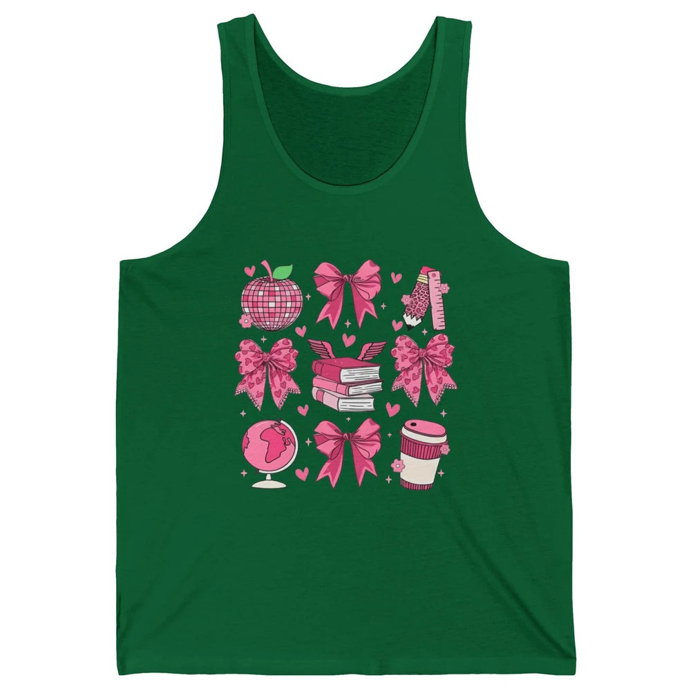 Cute Set Of Bows Coquette Coffee Apple Pink Valentine's Day Love Leopard Heart Back To School Latte Book Teacher Students Unisex Jersey Tank