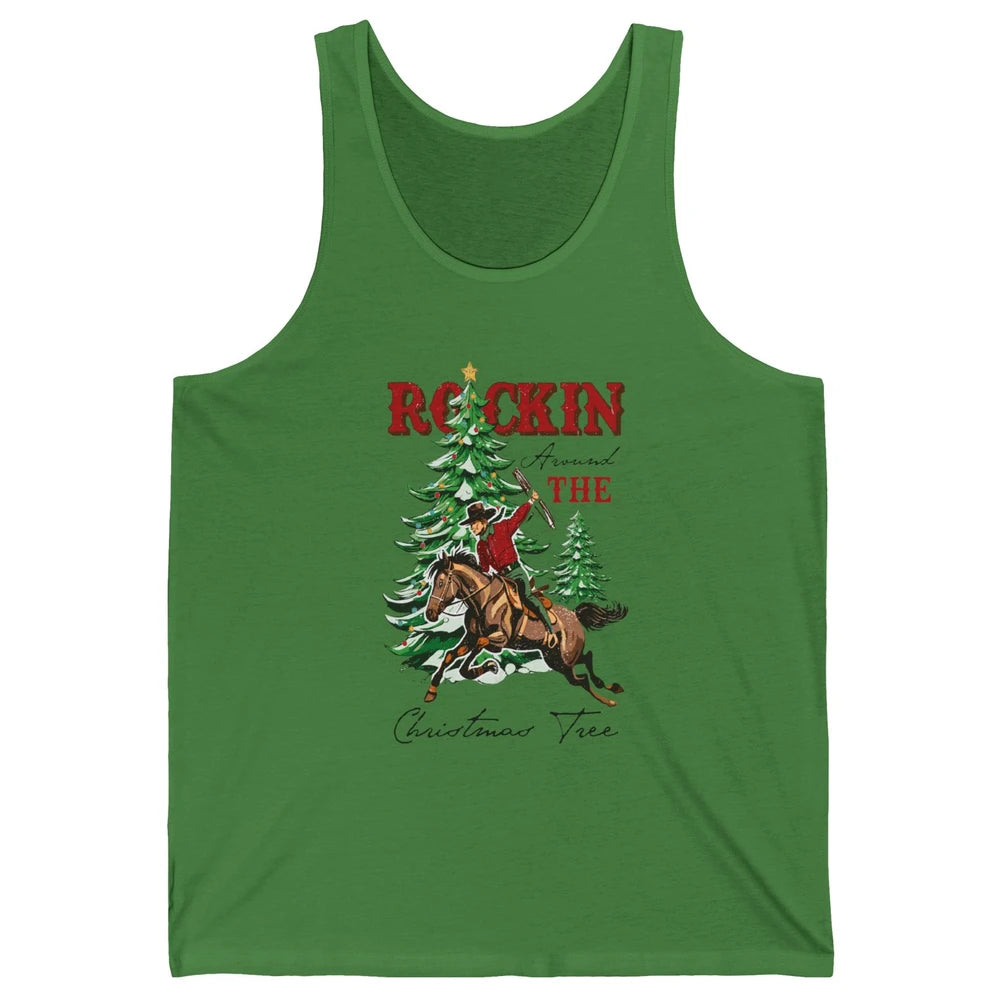 Retro Horsing Cowboy Rocking Around Christmas Tree Western Unisex Jersey Tank