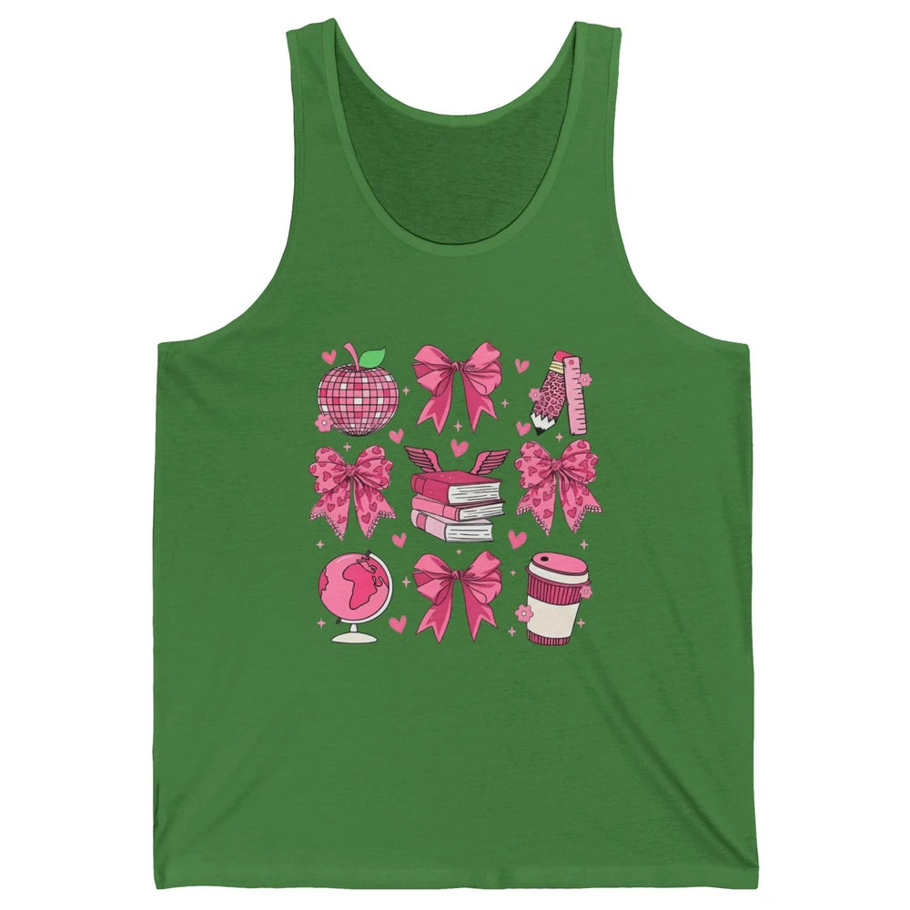 Cute Set Of Bows Coquette Coffee Apple Pink Valentine's Day Love Leopard Heart Back To School Latte Book Teacher Students Unisex Jersey Tank