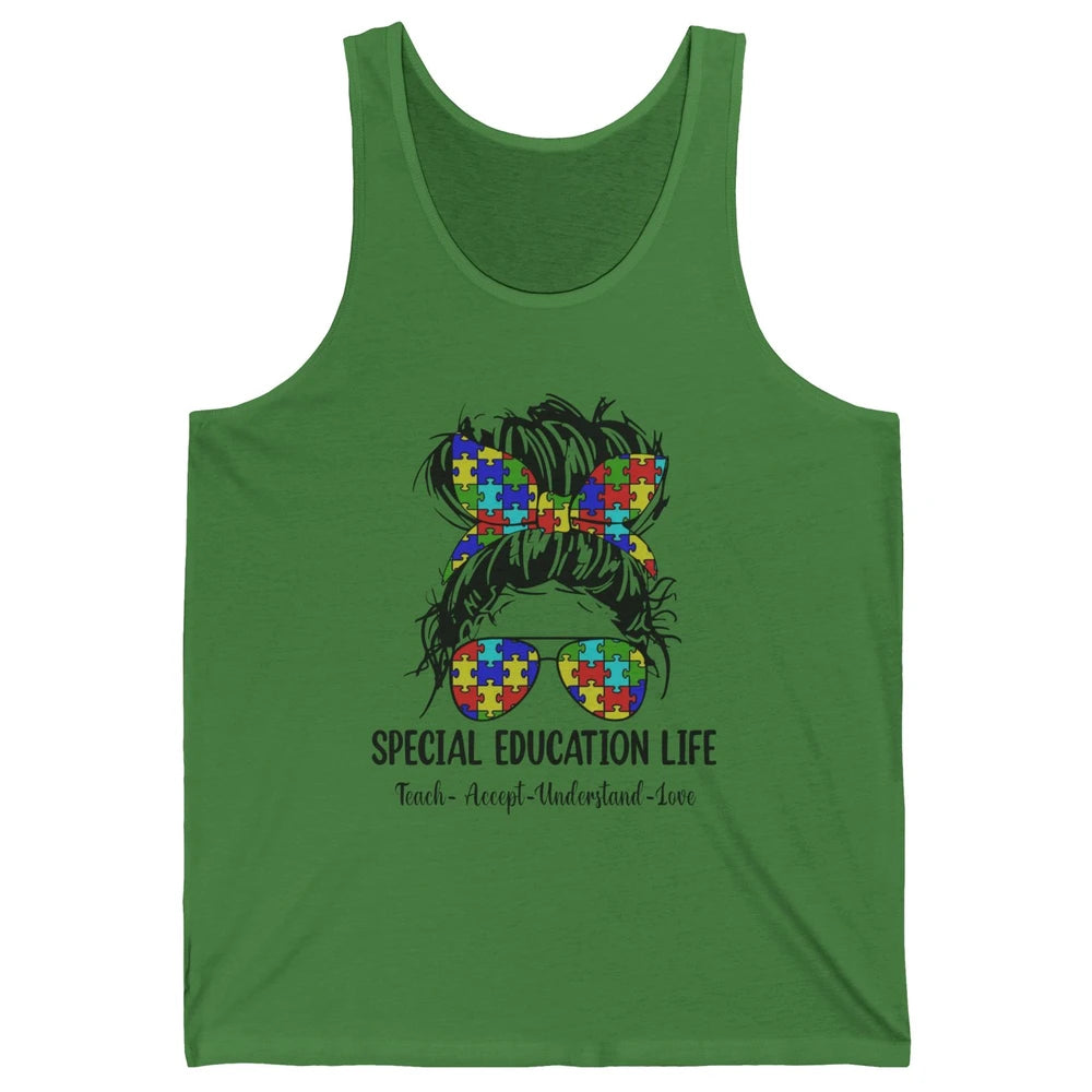 Special Education Teacher Messy Bun Autism Teach Accept Love Unisex Jersey Tank