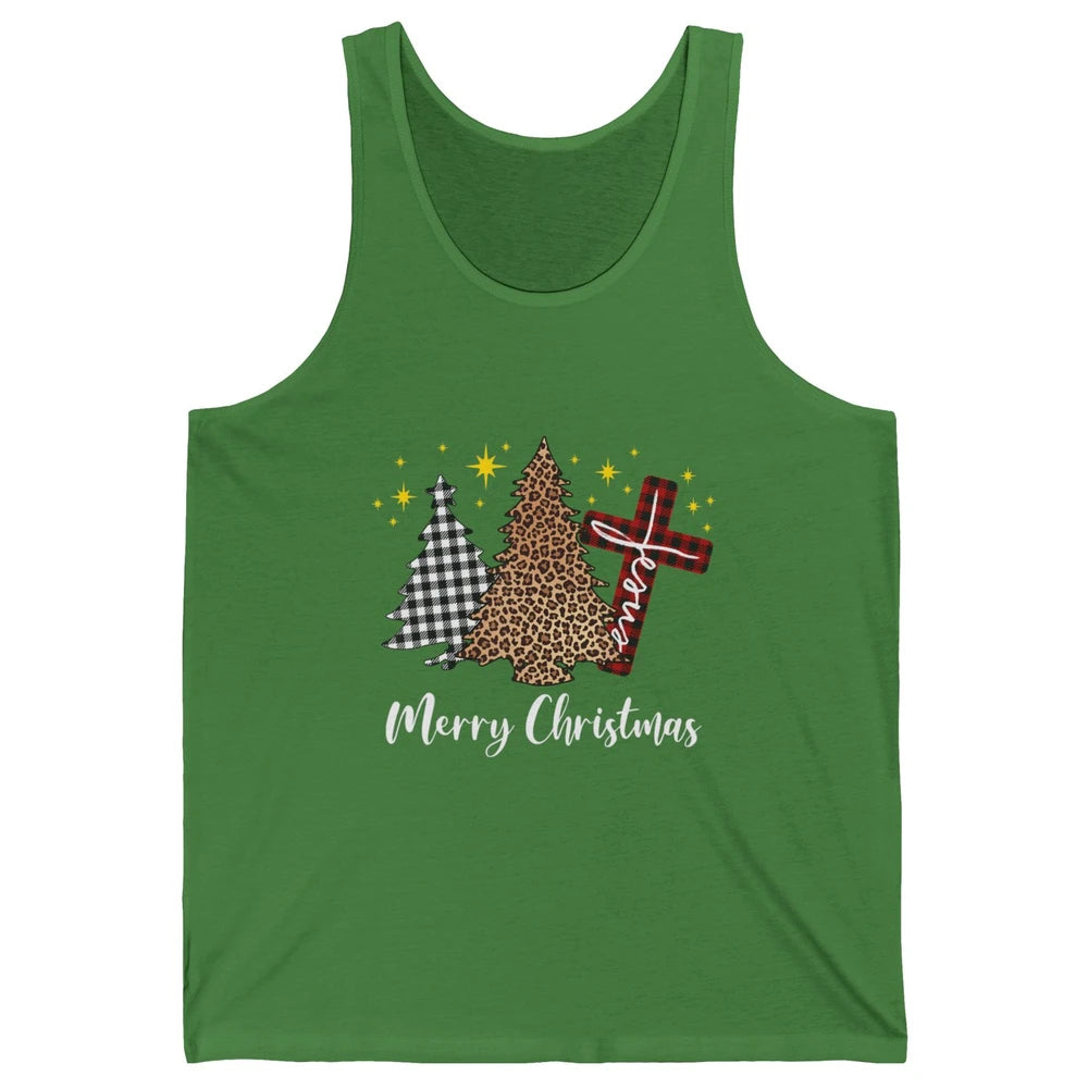 Merry Christmas Xmas Tree Cross Red Plaid Christian Leopard Unisex Jersey Tank