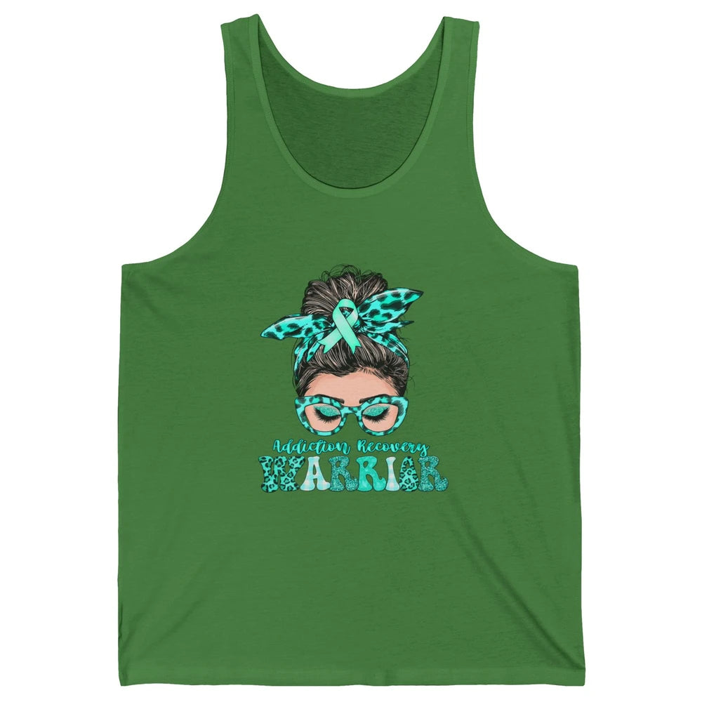 Addiction Recovery Awareness Warrior Leopard Messy Hair Bun Unisex Jersey Tank