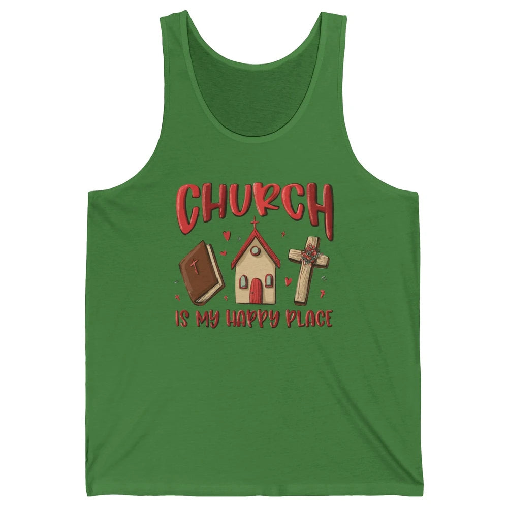 Retro Christmas Church Is My Happy Place Christian Hand Draw Unisex Jersey Tank