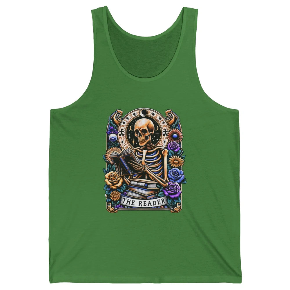 The Reader Tarot Card Halloween Reading Book Skeleton Floral Skull Bookish Bookworm Unisex Jersey Tank