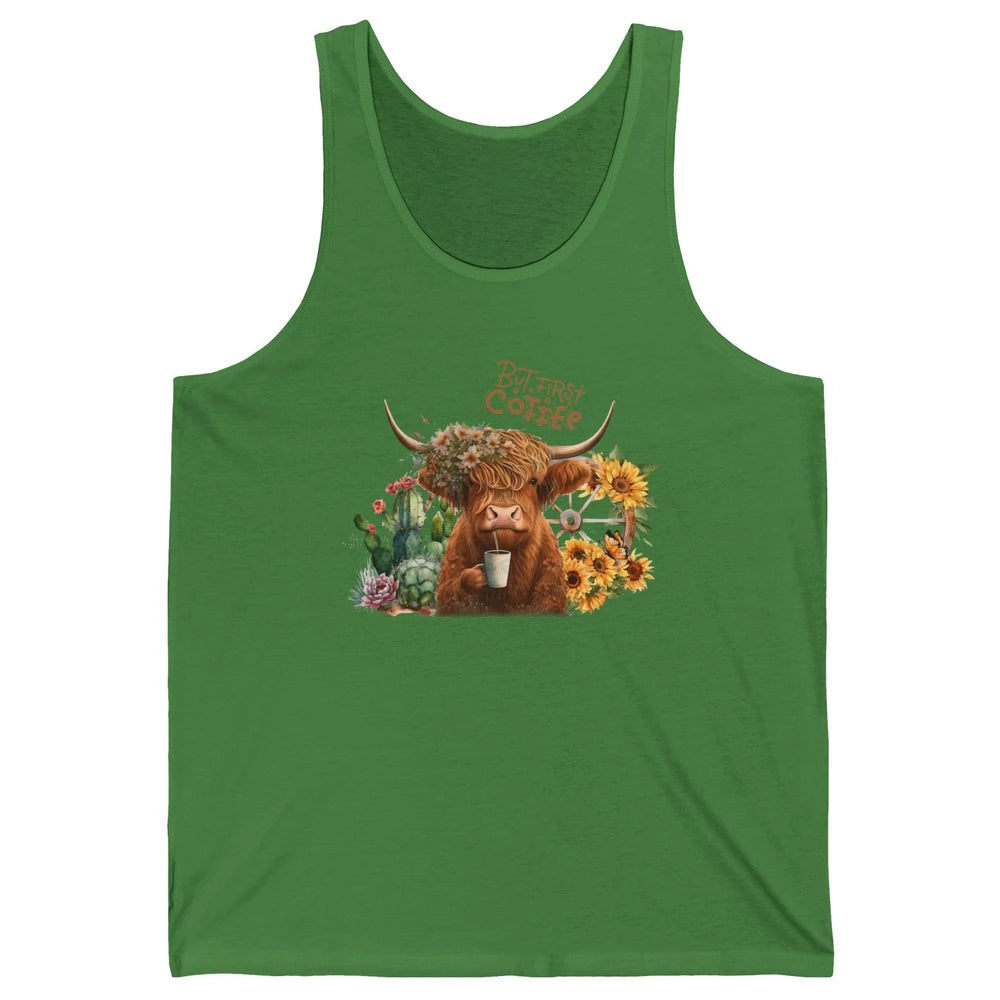 Desert Highland Cow But First Coffee Western Country Animal Unisex Jersey Tank