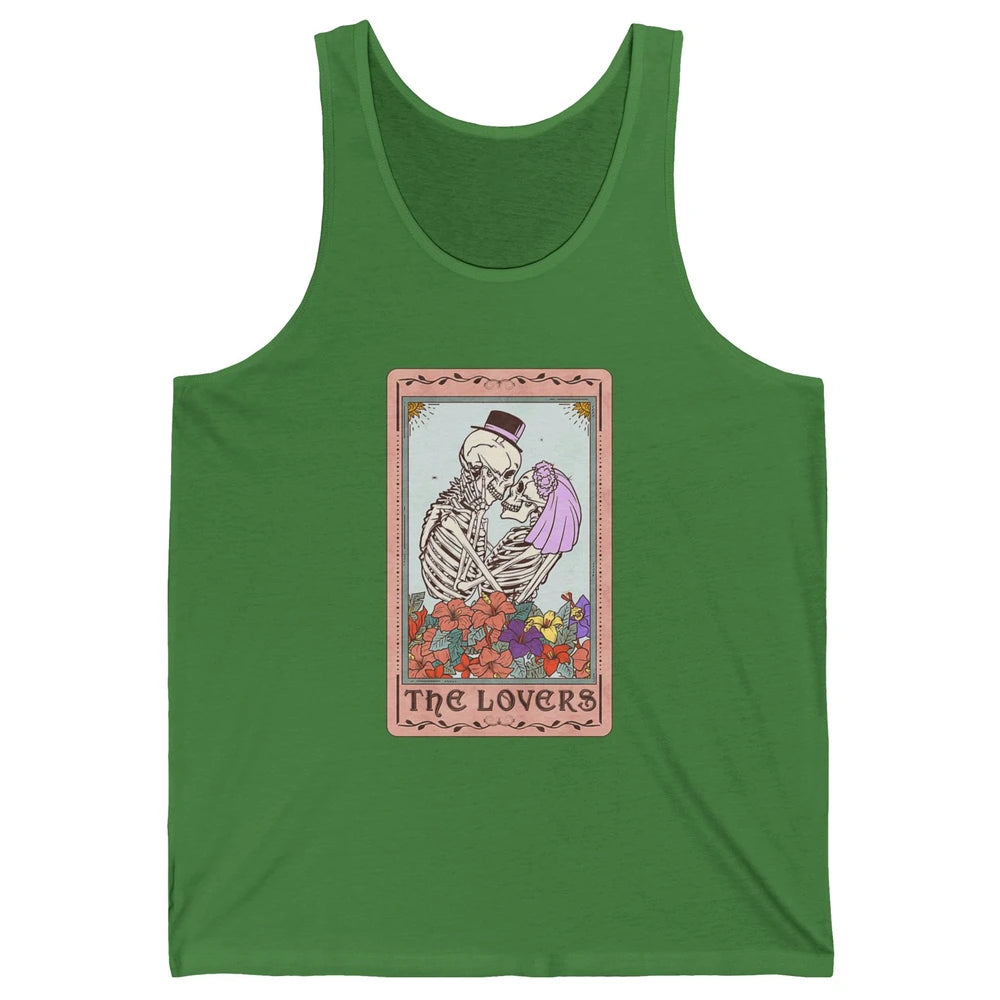 The Lovers Funny Skeleton Couple Tarot Card Vintage Valentine Astrology Goth Skull Lover Floral Heart Unisex Jersey Tank