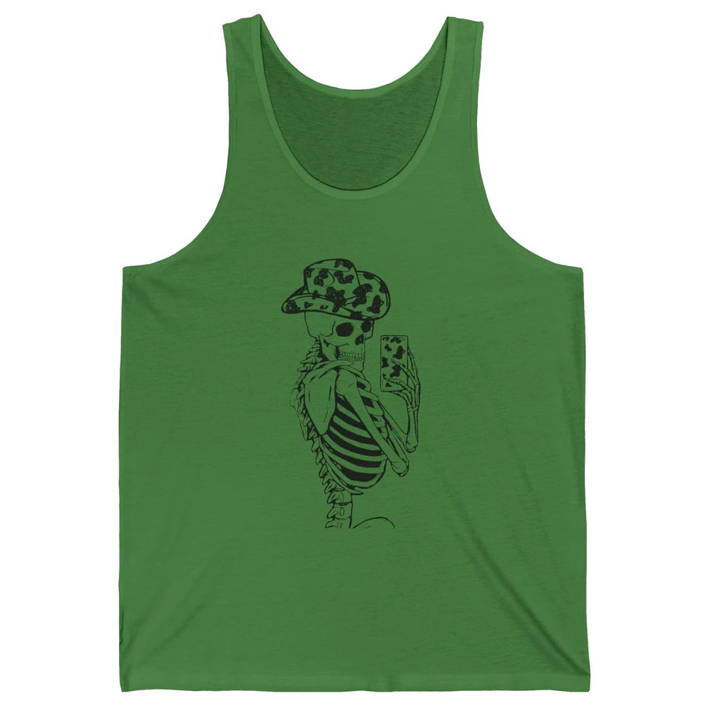 Funny Skeleton Cowgirl Selfie Cow Print Cowboy Hat Western Unisex Jersey Tank