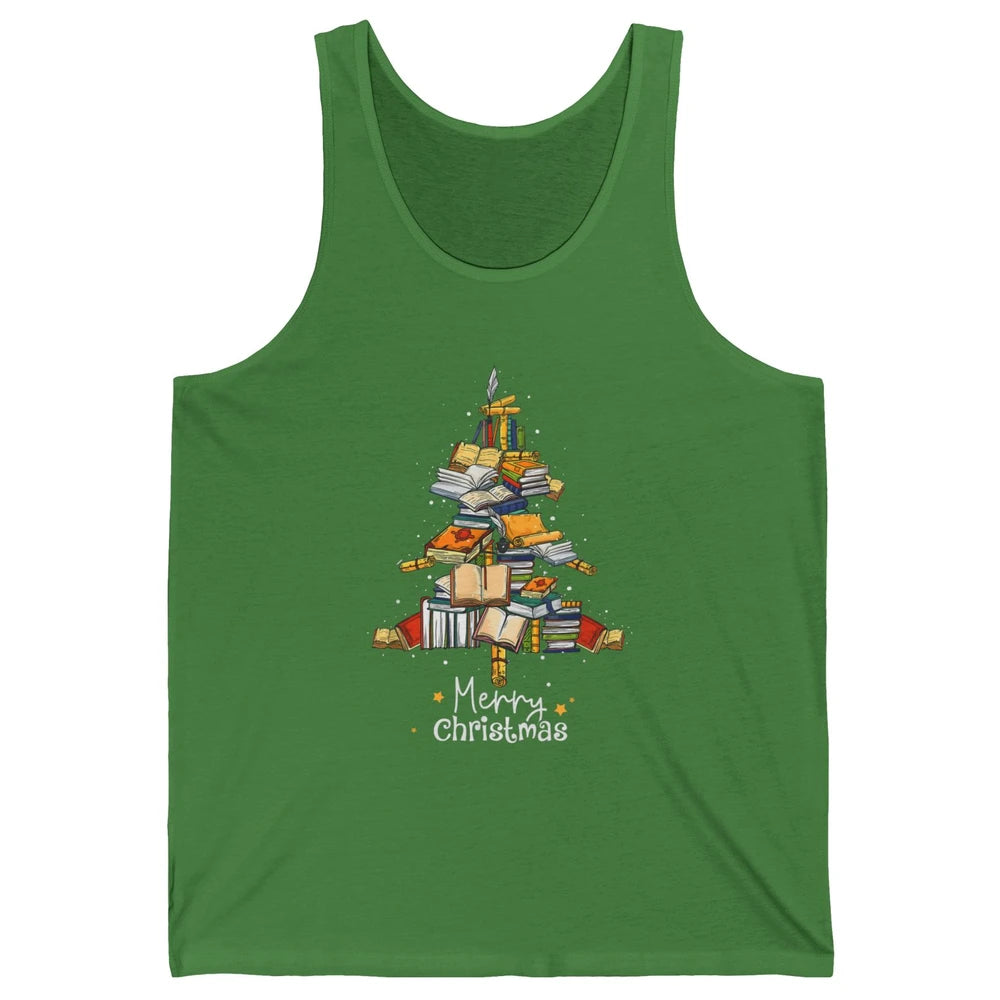 Merry Christmas Tree Reading Books Librarian Xmas Lighting Unisex Jersey Tank