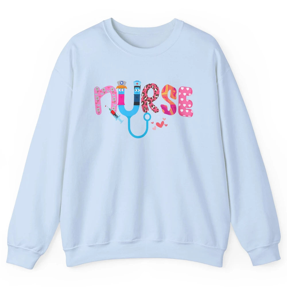 Nurse Happy Valentine's Day Love ER ICU NICU Emergency Nursing Leopard Stethoscope Love Needles Unisex Crewneck Sweatshirt