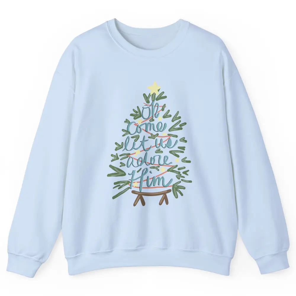 Retro Christmas Tree Oh Come Let Us Adore Him Groovy Xmas Unisex Crewneck Sweatshirt