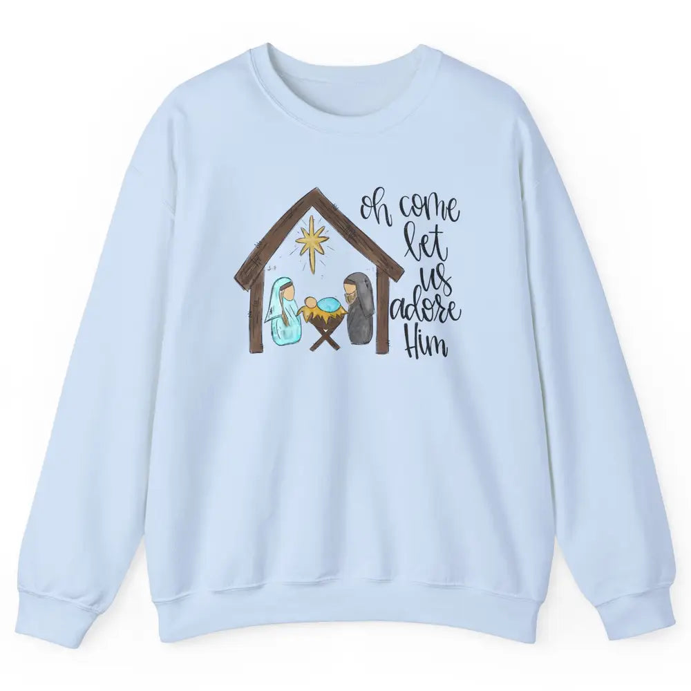 Retro Christmas Church Oh Come Let Us Adore Him Hand Drawing Unisex Crewneck Sweatshirt