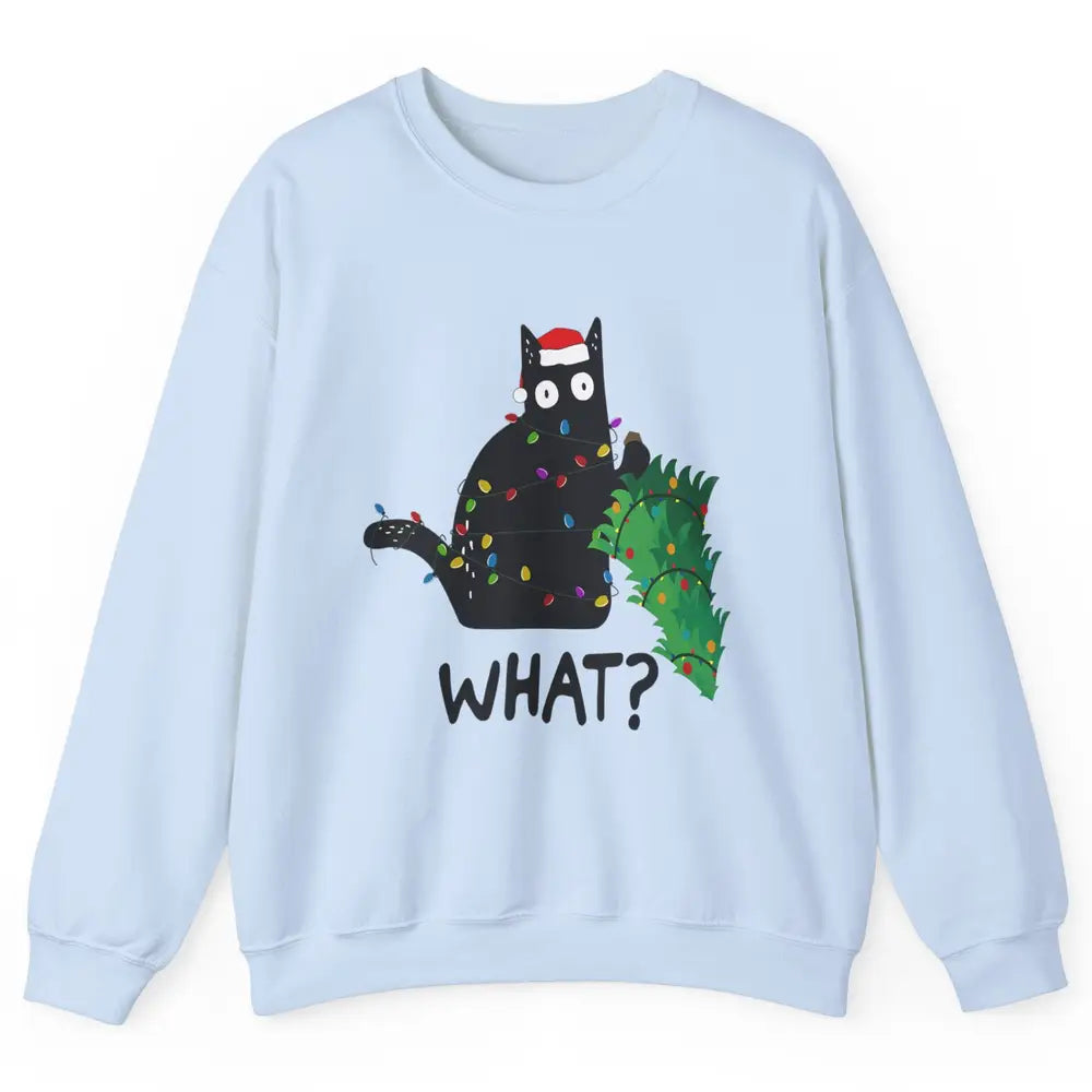 Black Cat Pushing Christmas Tree What Xmas Lights Santa Hat Unisex Crewneck Sweatshirt
