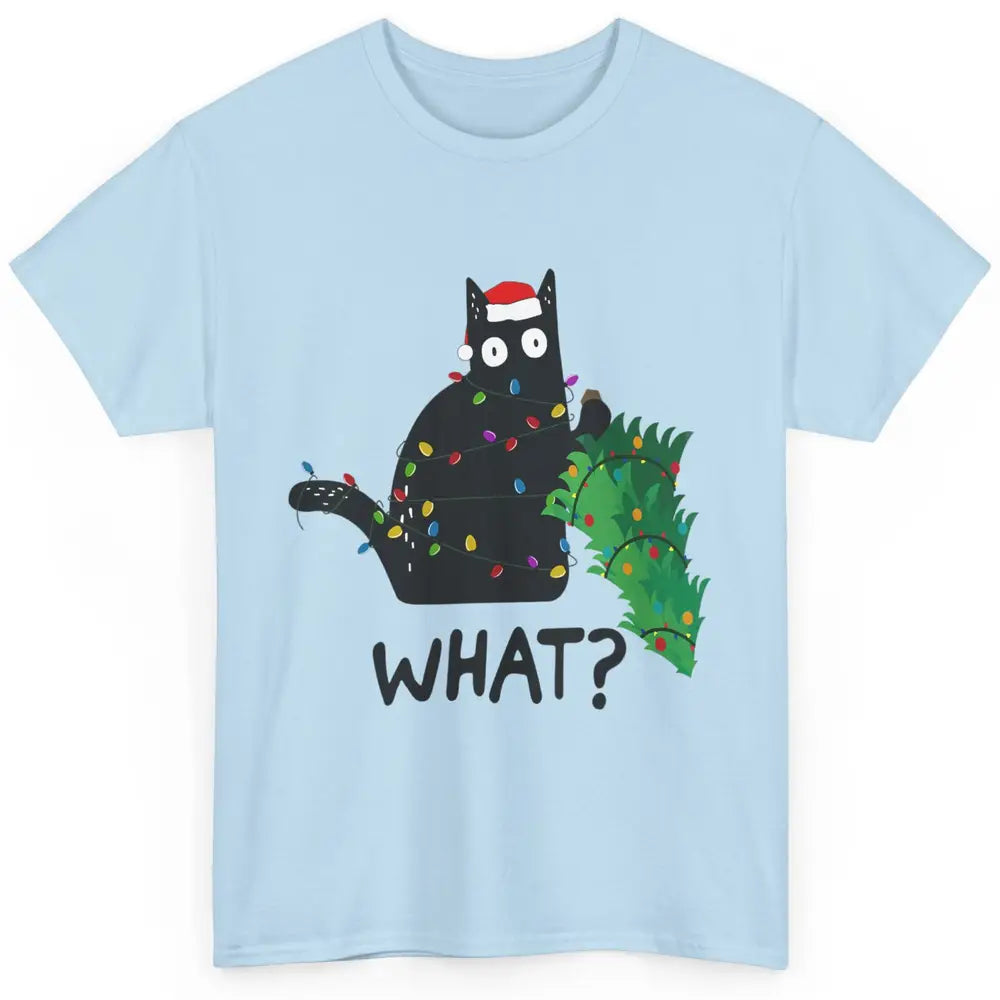 Black Cat Pushing Christmas Tree What Xmas Lights Santa Hat Classic Unisex T-Shirt