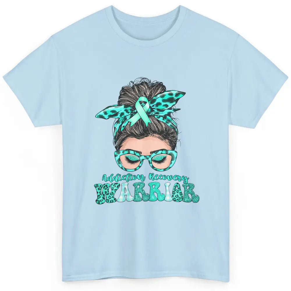 Addiction Recovery Awareness Warrior Leopard Messy Hair Bun Classic Unisex T-Shirt