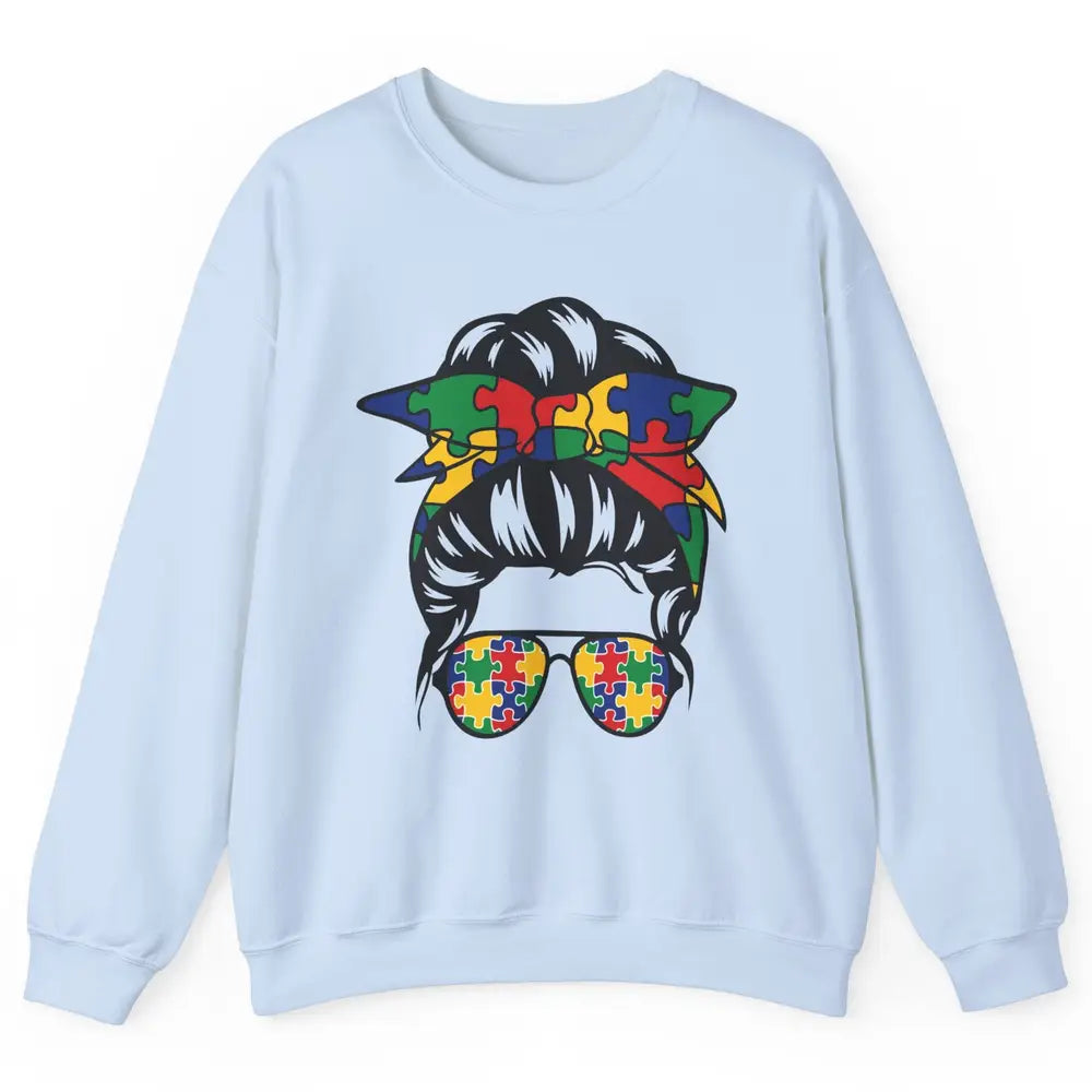 Autism Mom With Bandana Puzzle Autism Ribbon Support Autism Unisex Crewneck Sweatshirt