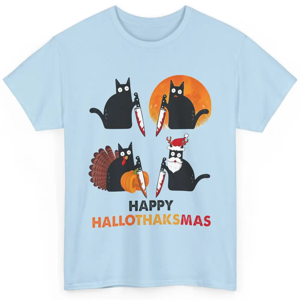 Funny Murderous Cat Turkey Hallo-thank-mas Thanksgiving Xmas Classic Unisex T-Shirt