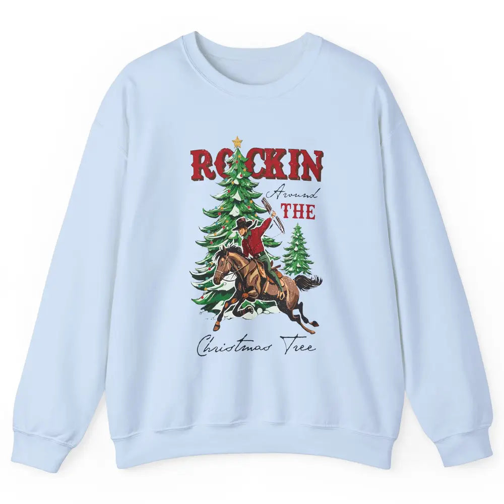 Retro Horsing Cowboy Rocking Around Christmas Tree Western Unisex Crewneck Sweatshirt