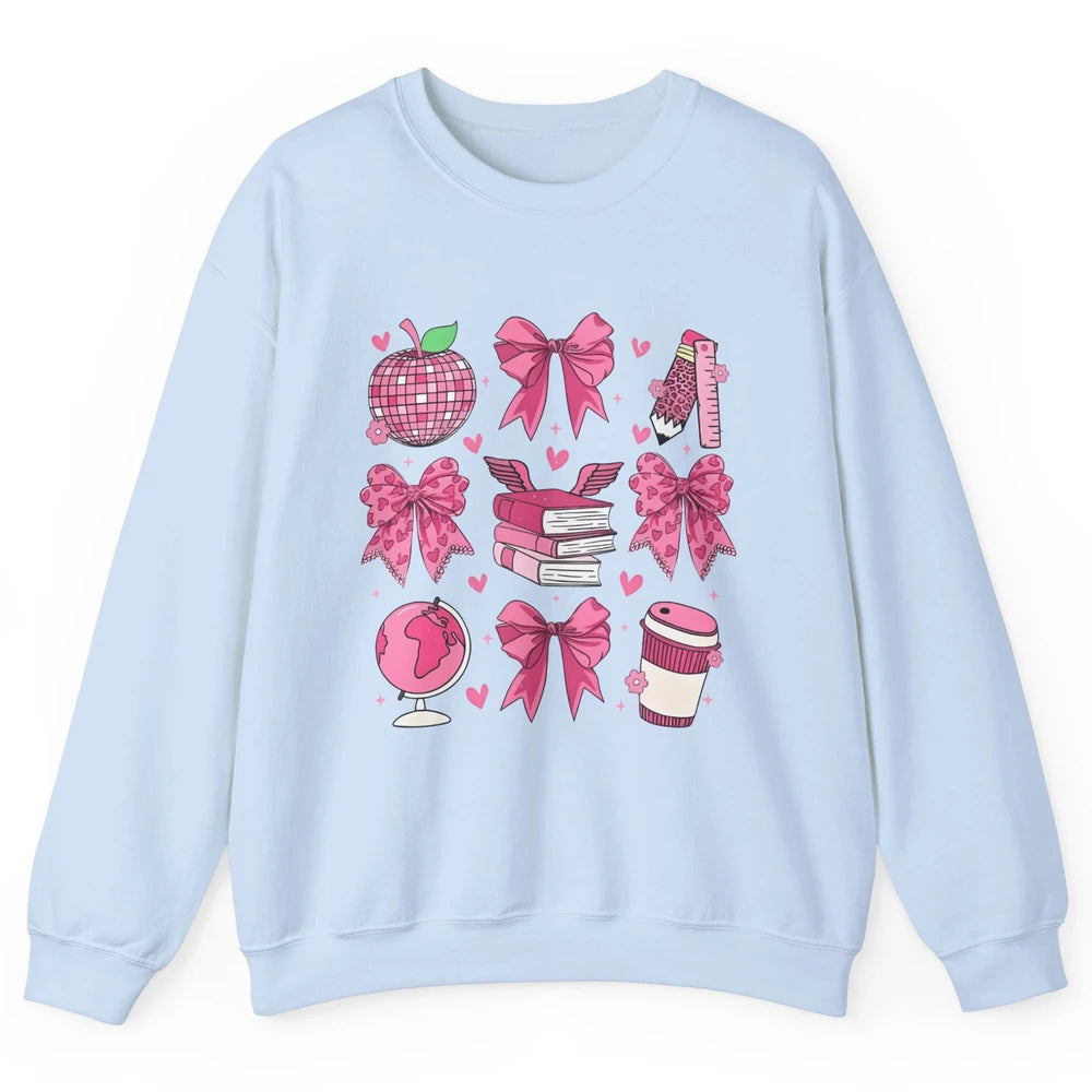 Cute Set Of Bows Coquette Coffee Apple Pink Valentine's Day Love Leopard Heart Back To School Latte Book Teacher Students Unisex Crewneck Sweatshirt