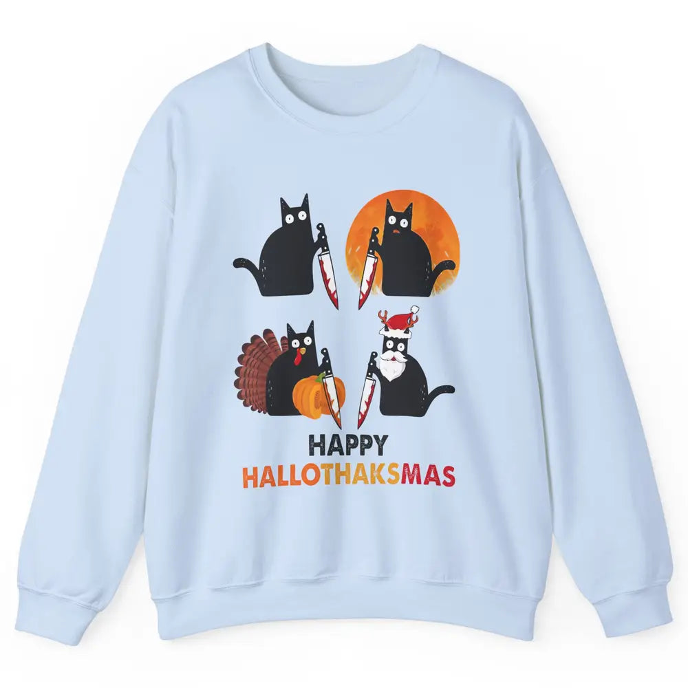 Funny Murderous Cat Turkey Hallo-thank-mas Thanksgiving Xmas Unisex Crewneck Sweatshirt