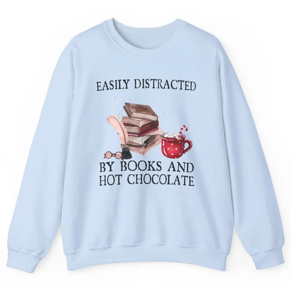 Retro Easily Distracted By Books And Hot Chocolate Christmas Unisex Crewneck Sweatshirt