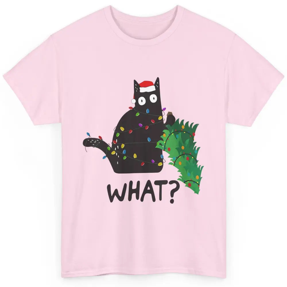 Black Cat Pushing Christmas Tree What Xmas Lights Santa Hat Classic Unisex T-Shirt