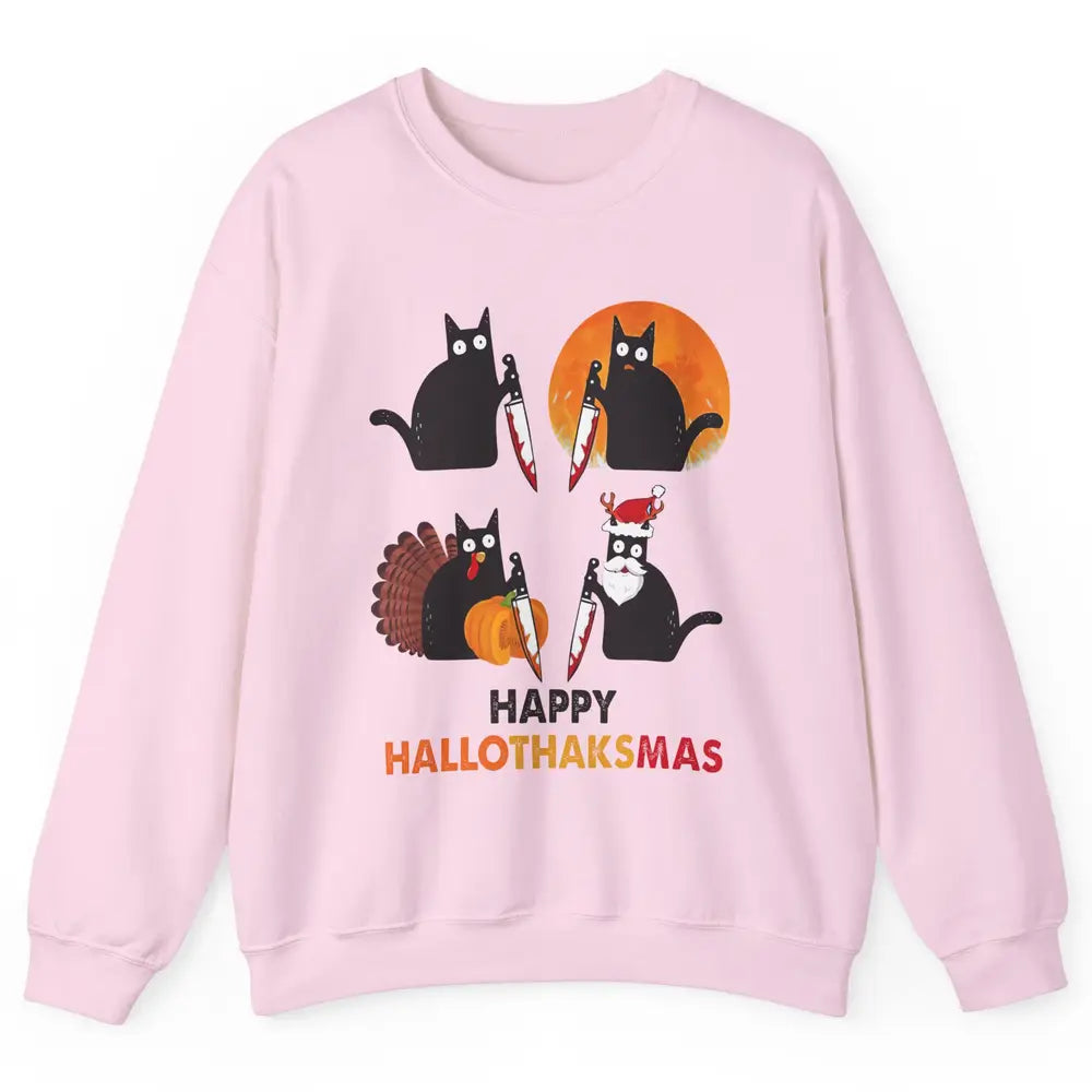 Funny Murderous Cat Turkey Hallo-thank-mas Thanksgiving Xmas Unisex Crewneck Sweatshirt