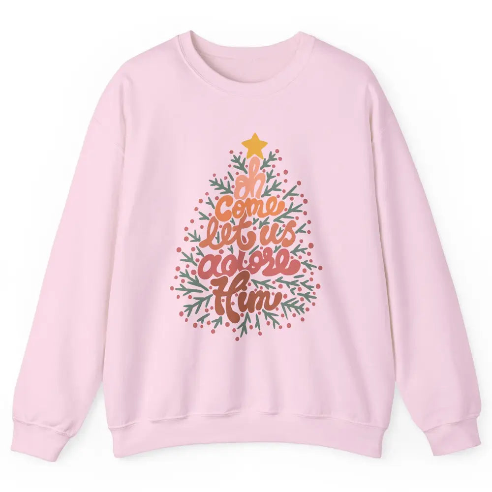Retro Christmas Tree Oh Come Let Us Adore Him Groovy Xmas Unisex Crewneck Sweatshirt