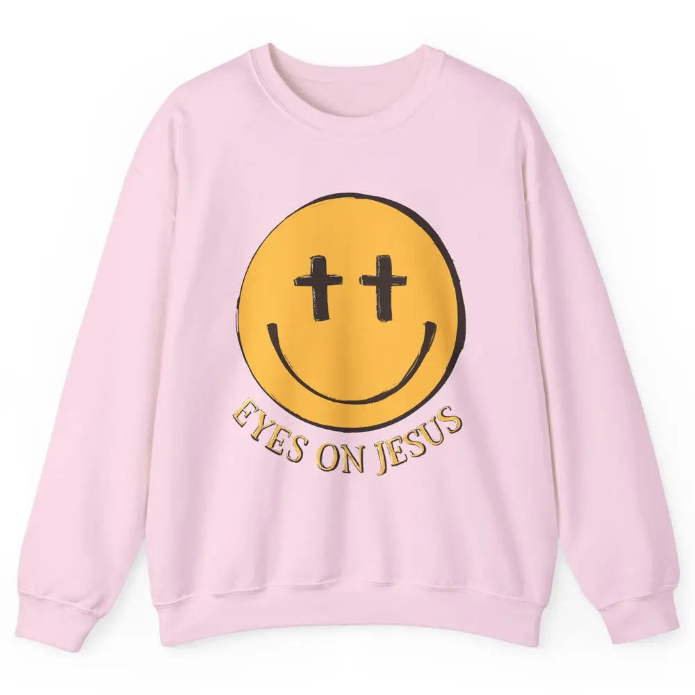 Retro Smiling Face Eyes On Jesus Christian Faith Religious Unisex Crewneck Sweatshirt