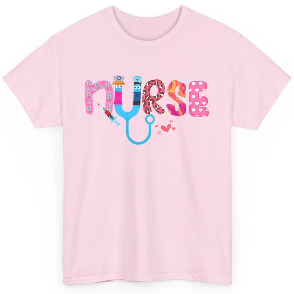 Nurse Happy Valentine's Day Love ER ICU NICU Emergency Nursing Leopard Stethoscope Love Needles Classic Unisex T-Shirt
