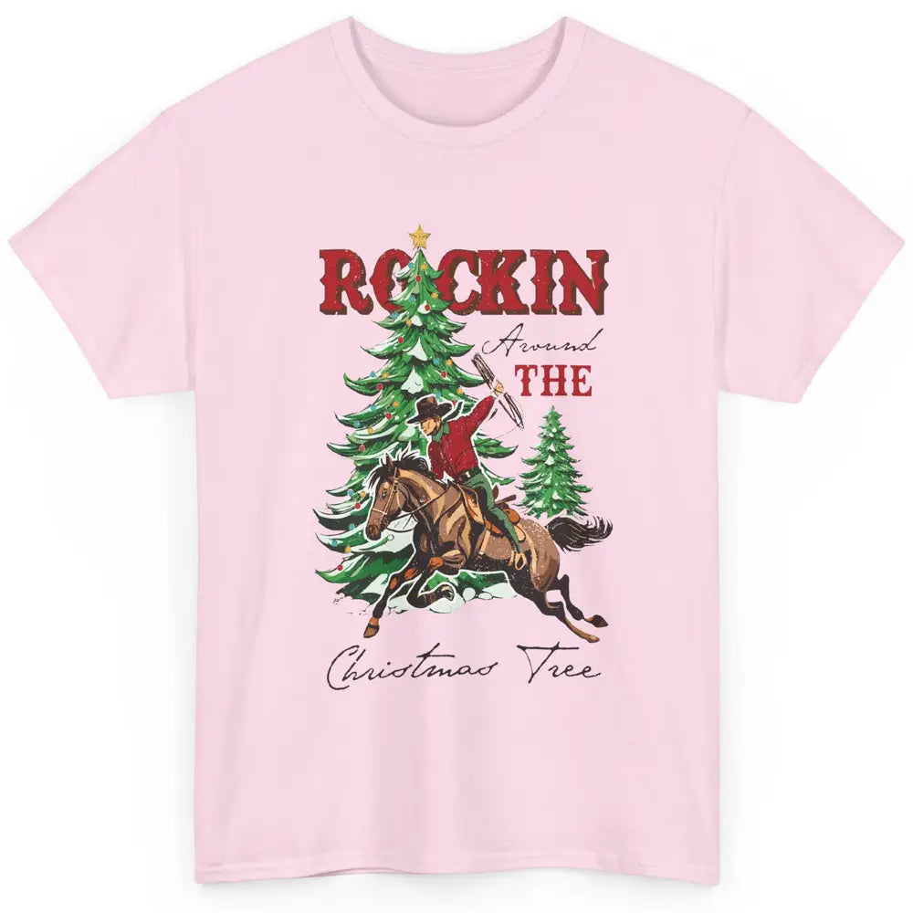 Retro Horsing Cowboy Rocking Around Christmas Tree Western Classic Unisex T-Shirt