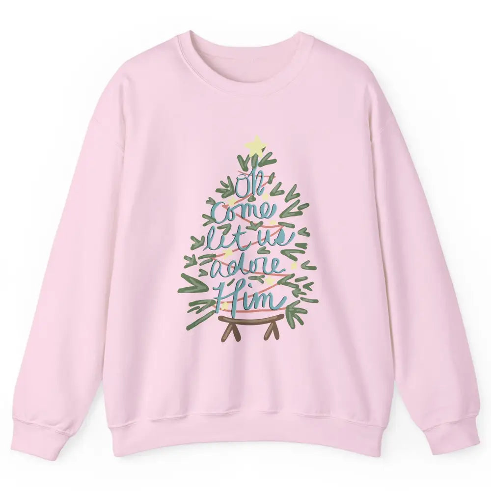 Retro Christmas Tree Oh Come Let Us Adore Him Groovy Xmas Unisex Crewneck Sweatshirt