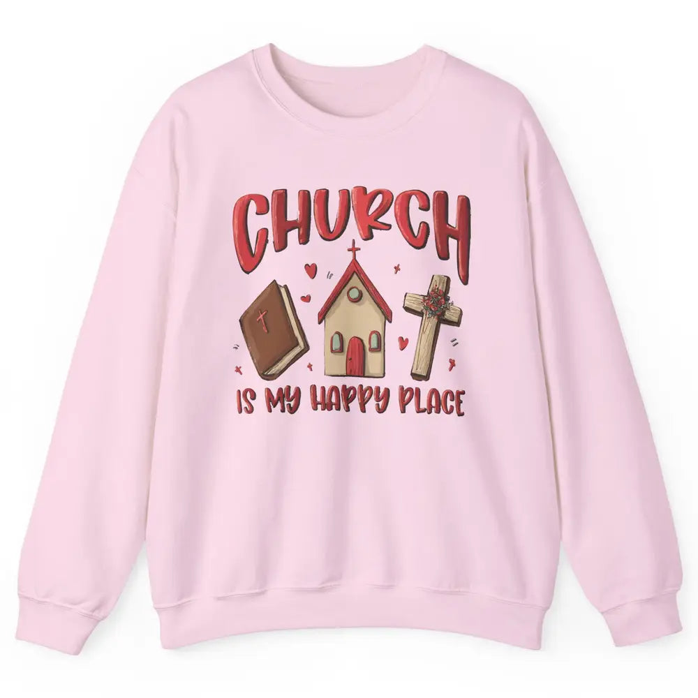 Retro Christmas Church Is My Happy Place Christian Hand Draw Unisex Crewneck Sweatshirt