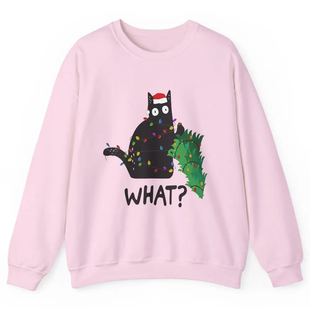Black Cat Pushing Christmas Tree What Xmas Lights Santa Hat Unisex Crewneck Sweatshirt
