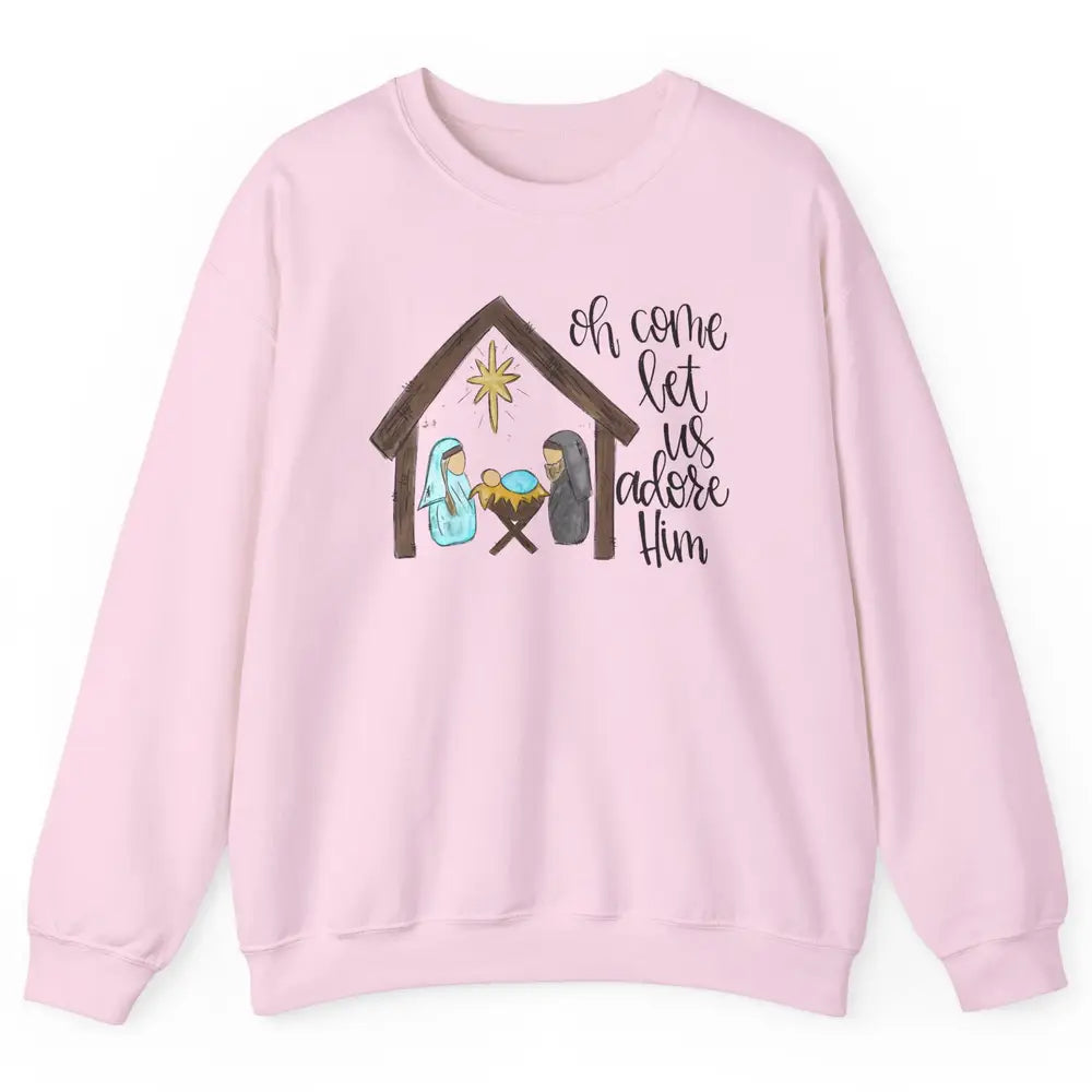 Retro Christmas Church Oh Come Let Us Adore Him Hand Drawing Unisex Crewneck Sweatshirt