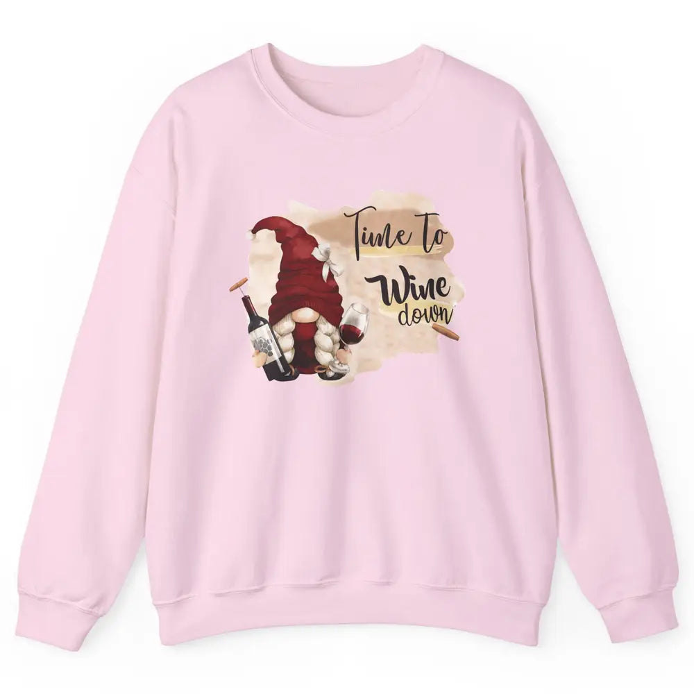 Christmas Gnome Wine It's Time to Wine Down Winter Holiday Unisex Crewneck Sweatshirt