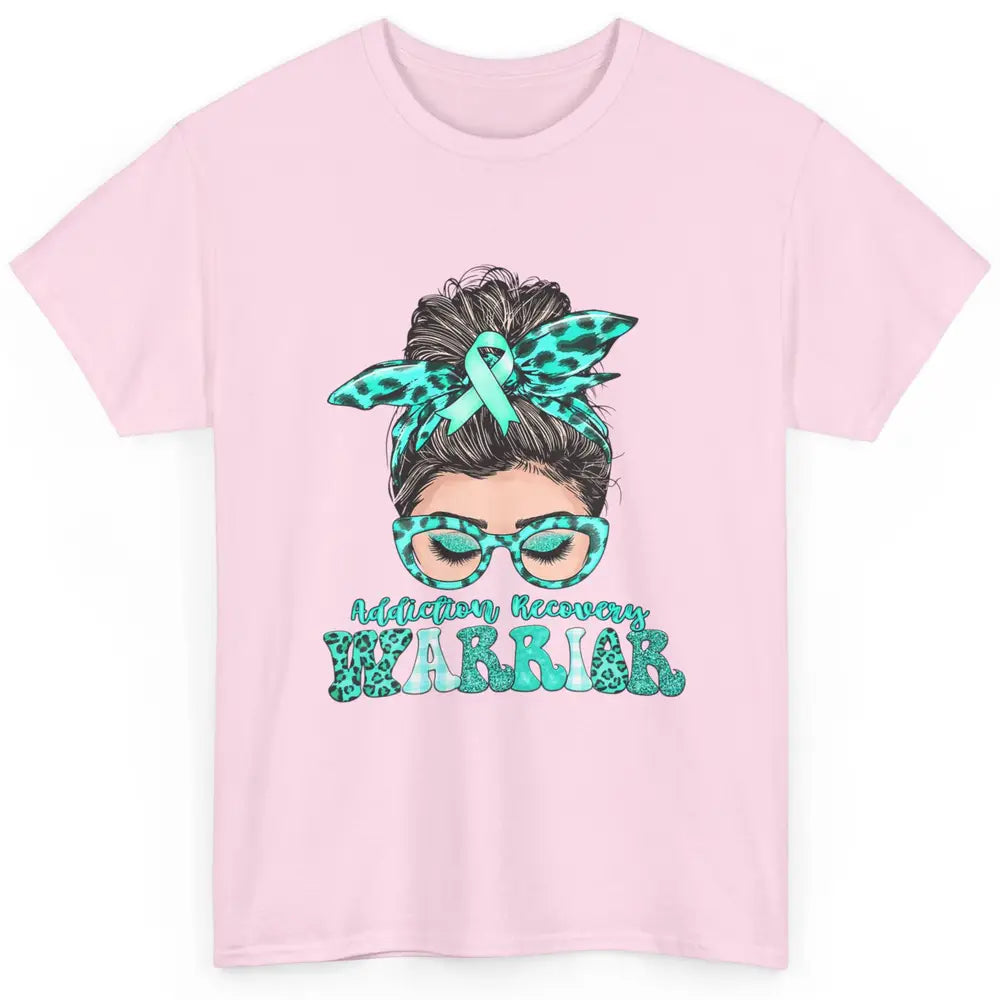 Addiction Recovery Awareness Warrior Leopard Messy Hair Bun Classic Unisex T-Shirt