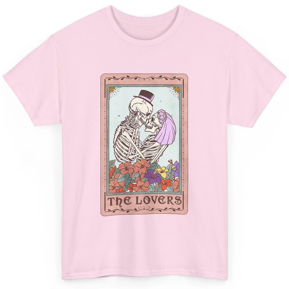 The Lovers Funny Skeleton Couple Tarot Card Vintage Valentine Astrology Goth Skull Lover Floral Heart Classic Unisex T-Shirt