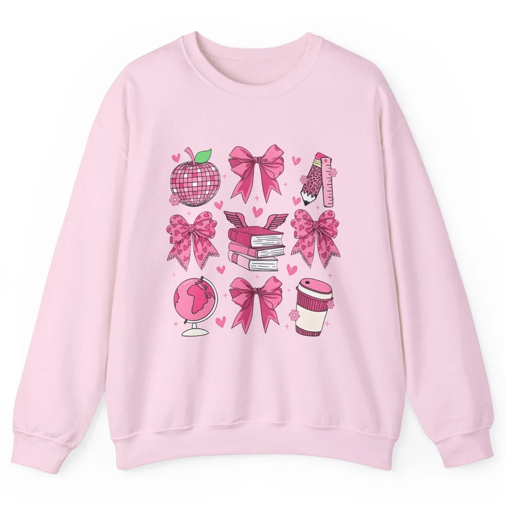 Cute Set Of Bows Coquette Coffee Apple Pink Valentine's Day Love Leopard Heart Back To School Latte Book Teacher Students Unisex Crewneck Sweatshirt