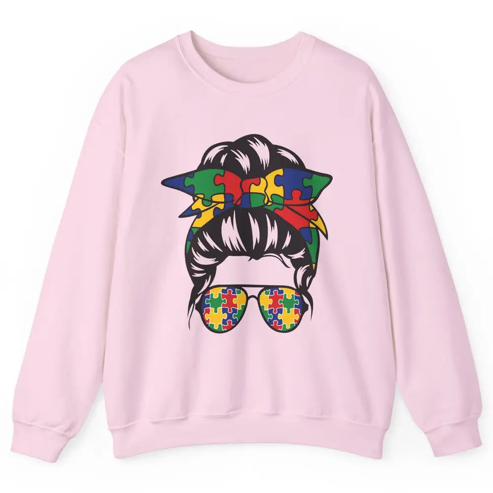 Autism Mom With Bandana Puzzle Autism Ribbon Support Autism Unisex Crewneck Sweatshirt