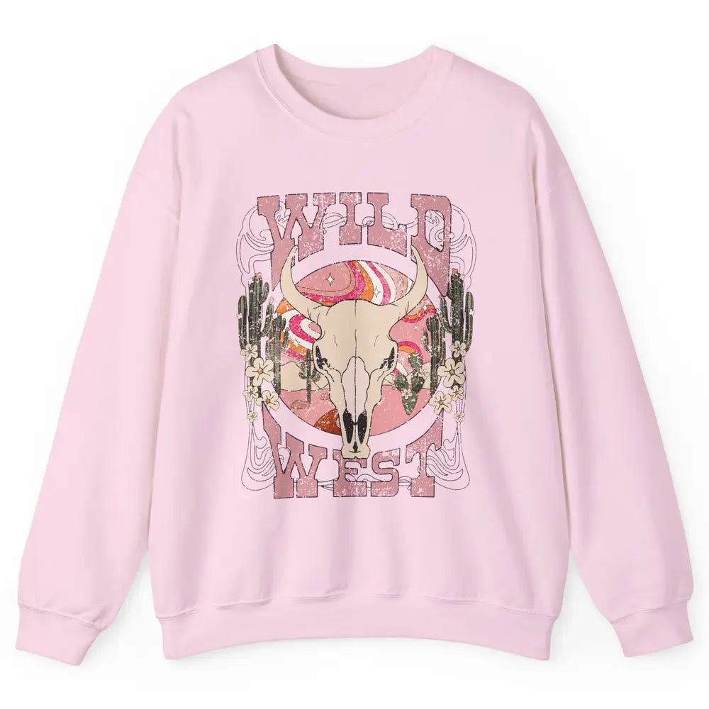 Retro Rainbow Desert Bull Skull Wild West Western Country Unisex Crewneck Sweatshirt