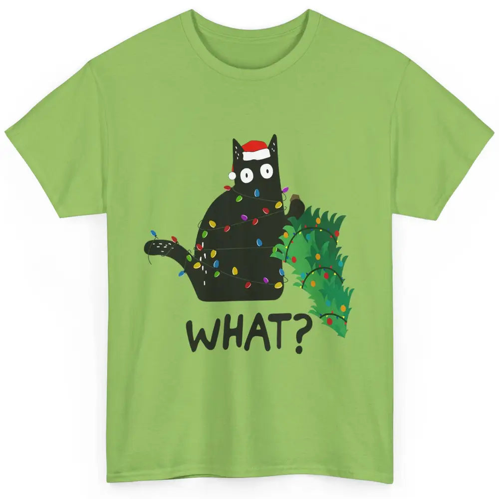 Black Cat Pushing Christmas Tree What Xmas Lights Santa Hat Classic Unisex T-Shirt