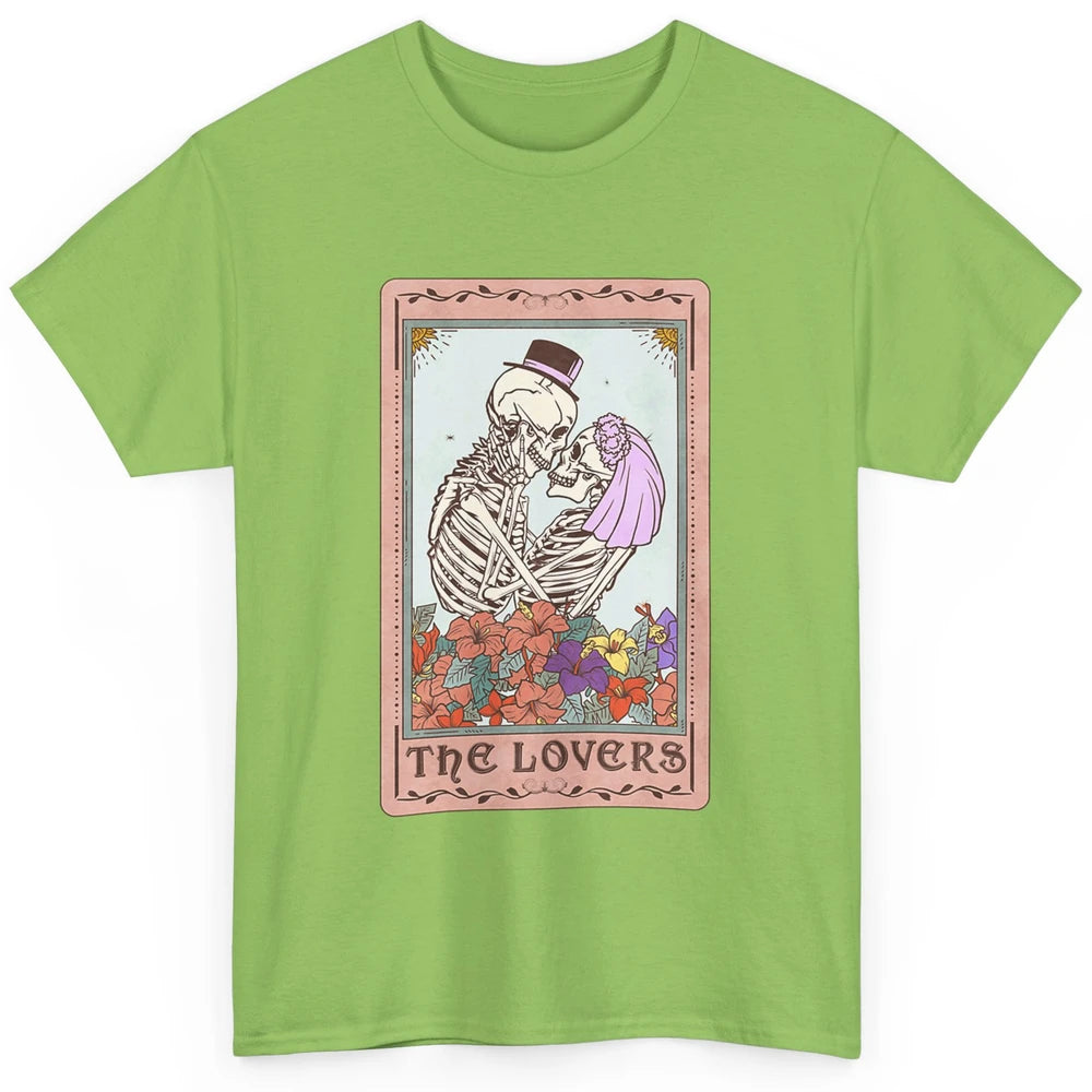 The Lovers Funny Skeleton Couple Tarot Card Vintage Valentine Astrology Goth Skull Lover Floral Heart Classic Unisex T-Shirt