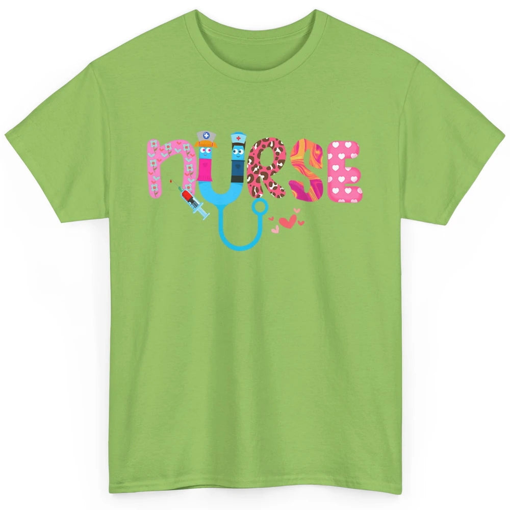 Nurse Happy Valentine's Day Love ER ICU NICU Emergency Nursing Leopard Stethoscope Love Needles Classic Unisex T-Shirt