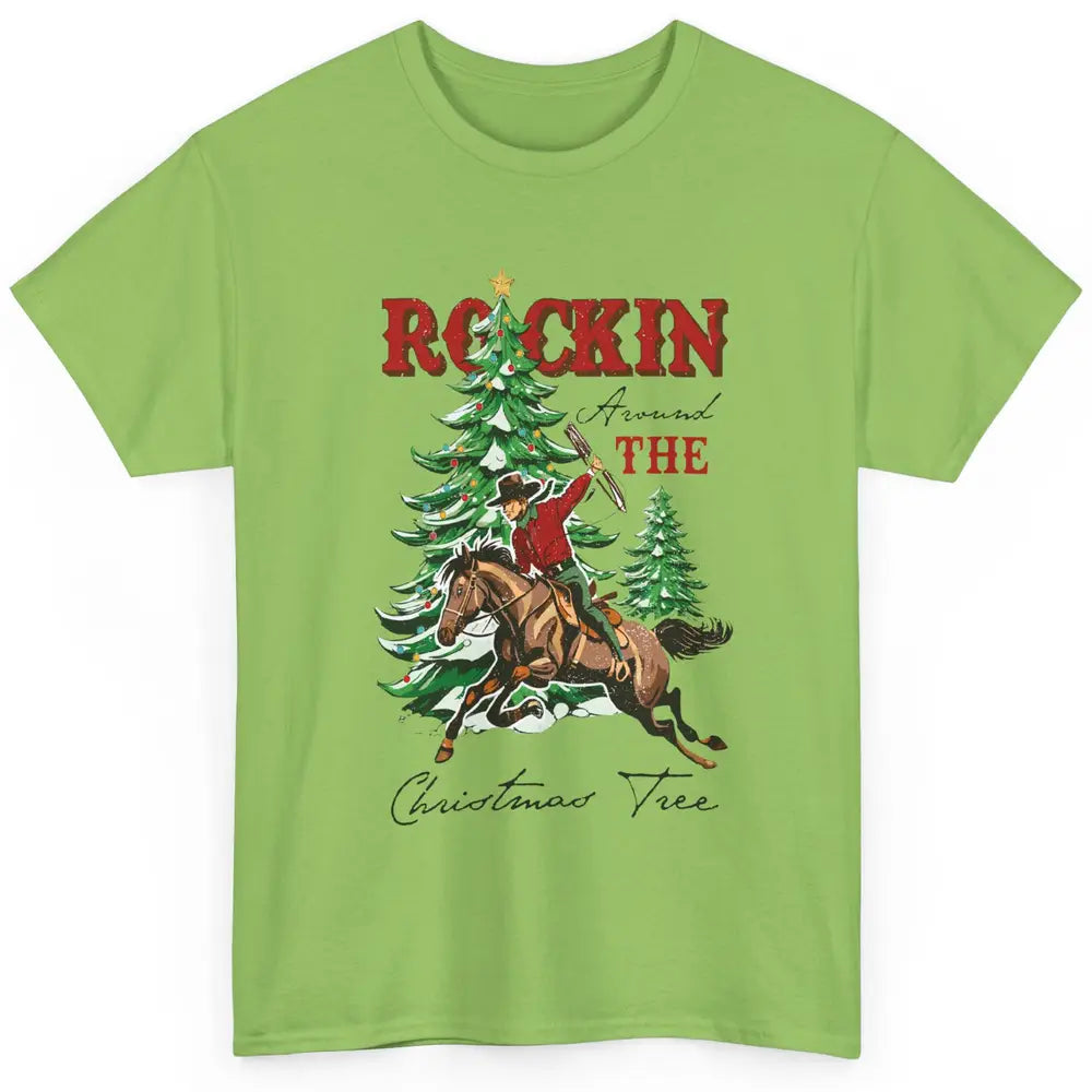Retro Horsing Cowboy Rocking Around Christmas Tree Western Classic Unisex T-Shirt