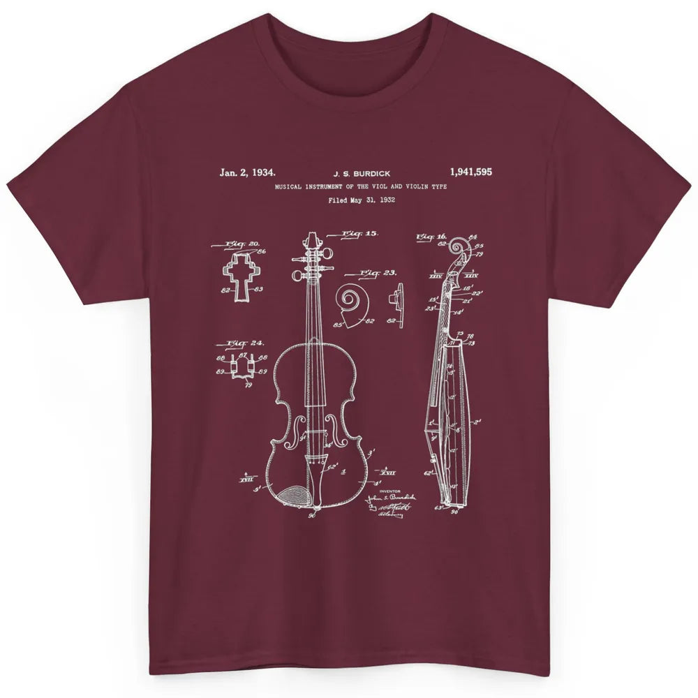 Vintage Patent Drawing Print Violin Player Retro Violinist Classic Unisex T-Shirt