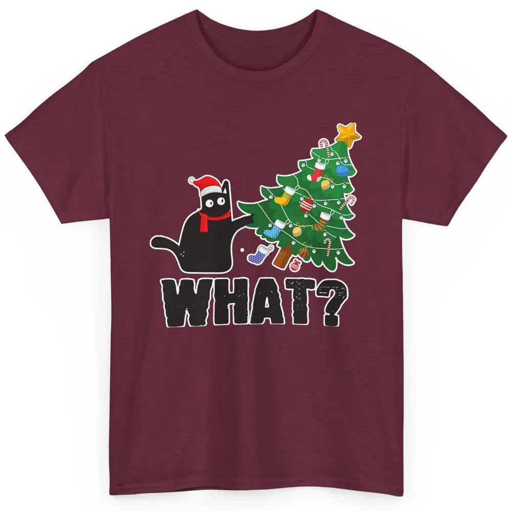 Black Cat Pushing Christmas Tree What Xmas Lights Santa Hat Classic Unisex T-Shirt