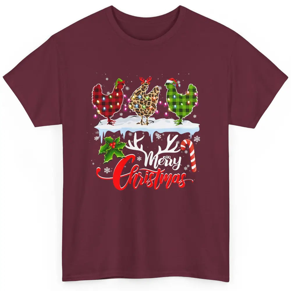 Merry Christmas Three Chickens Buffalo Leopard Red Plaid Hen Classic Unisex T-Shirt