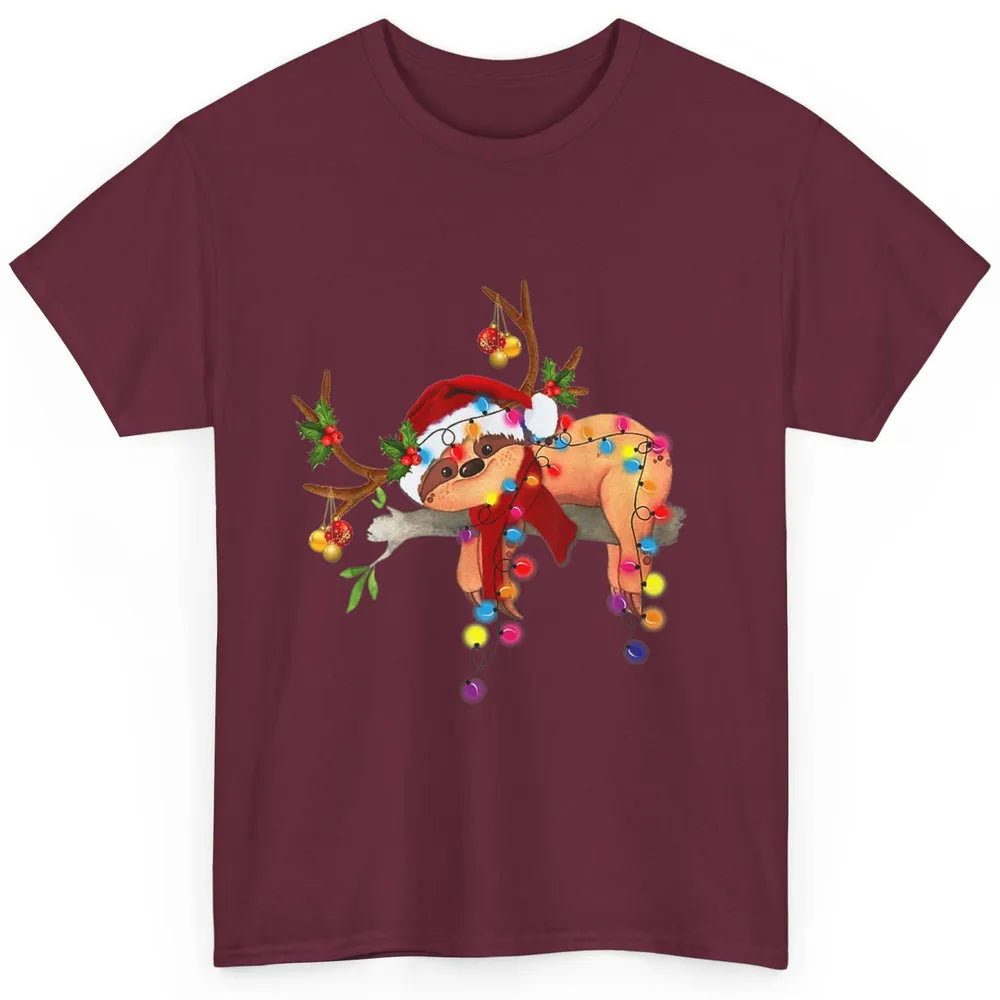 Merry Christmas Santa Claus Hat Sloth Reindeer Xmas Lights Classic Unisex T-Shirt